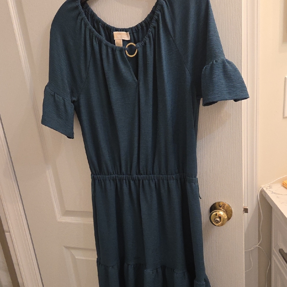 Michael Kors Teal Midi Dress with Ruffle Sleeves